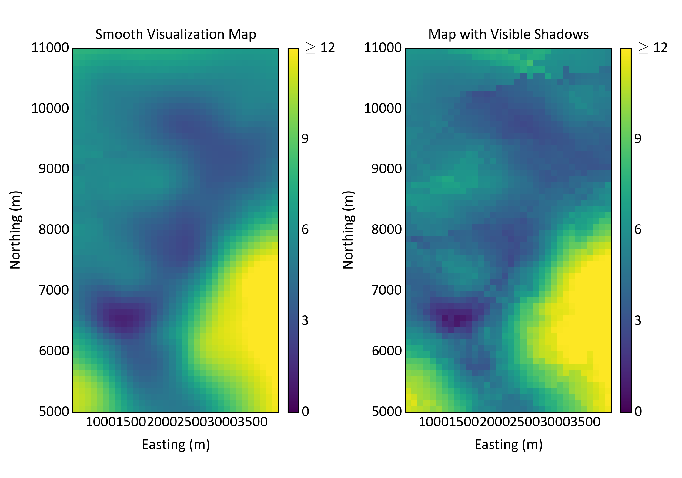 Smoothly varying visualization map (left) and a restricted search map (right) with visible shadows and artifacts.