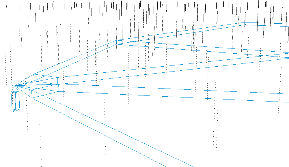 An oblique view looking north of sample locations and variogram tolerance definition for the major, minor and vertical variograms. Wireframes created with VarVisual.