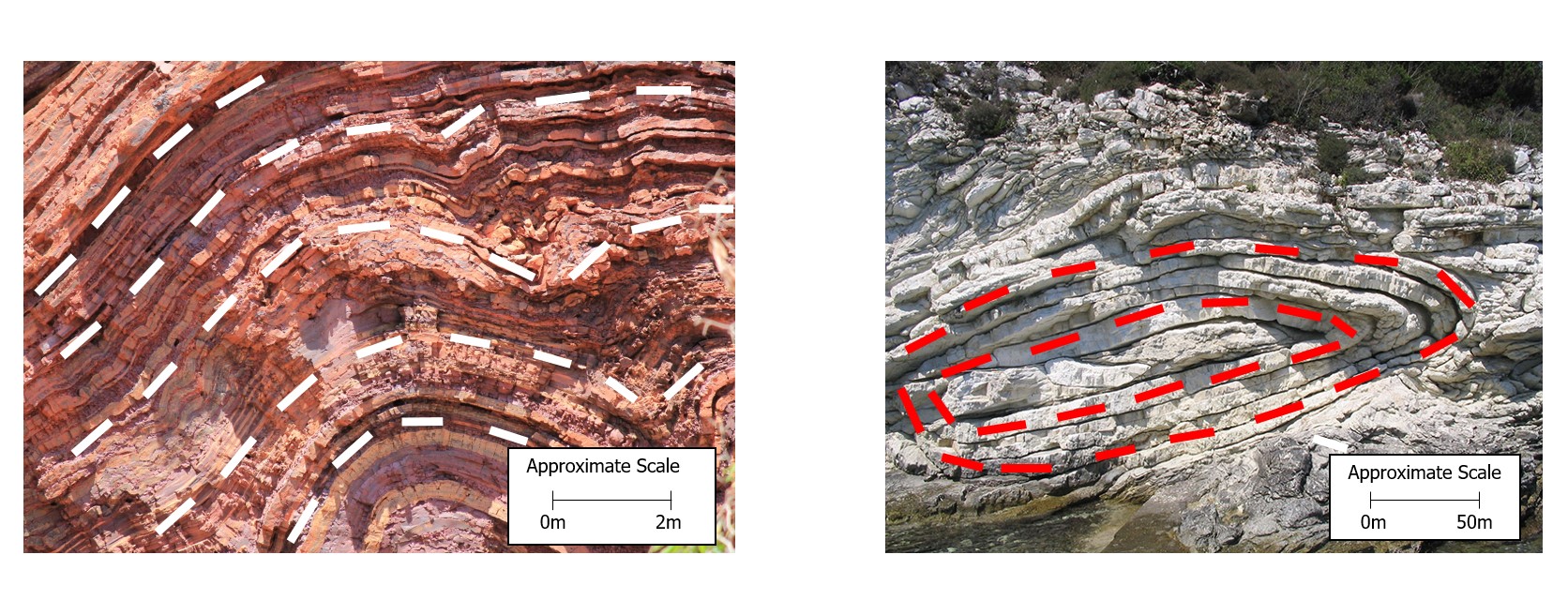 Figure 2: The example shown to the left depicts an iron ore deposit in Australia. Source: https://www.ga.gov.au/education/classroom-resources/minerals-energy/australian-mineral-facts/iron. The example shown to the right depicts a carbonate sediments deposit in Greece. Source: https://en.geol.uoa.gr/el/department/gallery/.