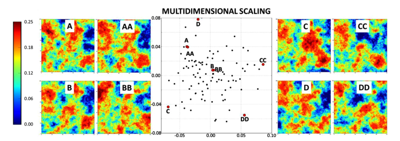 MDS of multiple simulated realizations from Barros & Deutsch 2017. Similar realizations plot near (on the left); whereas, dissimilar realizations plot far (on the right)
