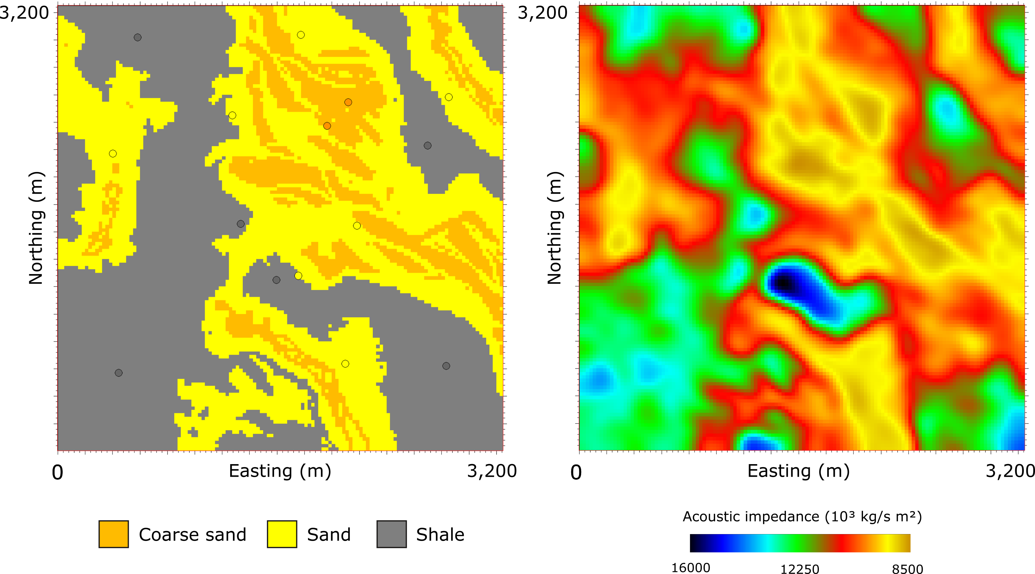 Synthetic 2D data representing a braided fluvial environment with the fifteen conditioning data on the right. The corresponding acoustic impedance, on the left.