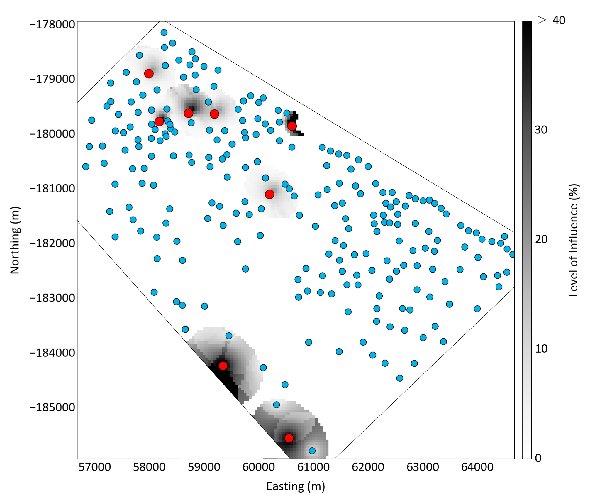 Plan view of the auxiliary data variable and volume of influence of outliers. Outliers are shown as red dots and the outlier influence in gray scale. The black thin line indicates the domain boundary used.